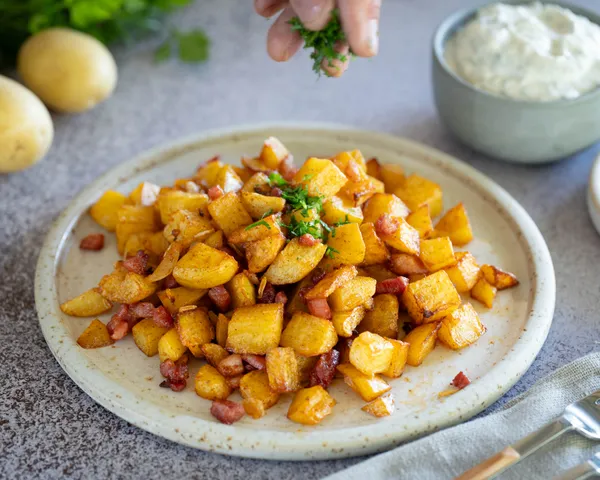 Bratkartoffeln aus dem Airfryer mit Zwiebeln und Speck