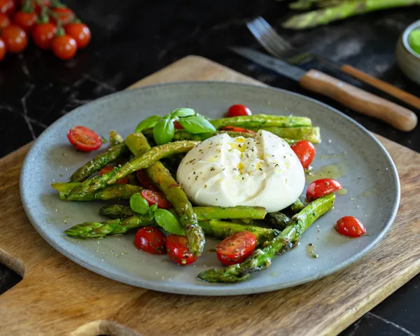 Grüner Spargel mit Tomaten und Burrata